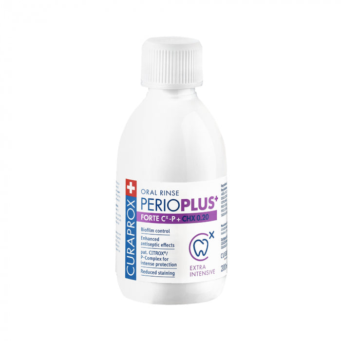 CURAPROX PERIOPLUS + FORTE antibakterinis burnos skalavimo skystis su 0,20 % chlorheksidino